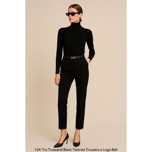 Y2K Tru Trussardi Black Tailored Trousers w/ Logo Belt Quiet Luxury‎ Old Money 6